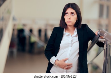 Tired Business Pregnant Woman Climbing Stairs. Woman Experiencing Pregnancy Difficulties In Her Last Trimester 
