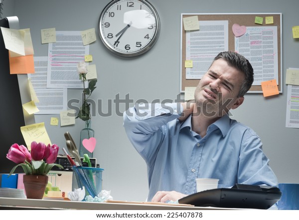 Tired Businessman Sitting Desk Touching His Stock Photo 225407878 ...