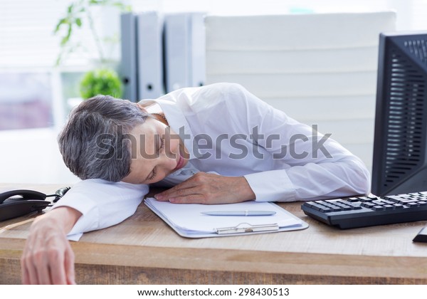 Tired Businessman Sleeping Her Desk On Stock Photo Edit Now