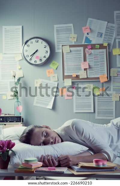 Tired Businesswoman Sleeping Office Overnight Pillow Stock Photo