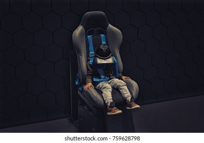 Tired Child In Virtual Reality Glasses Over Grey Modern Background - GAME OVER CONCEPT - Negative Approach