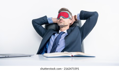 Tired Director Relax In Sleep Mask At Workplace