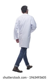 Tired Doctor Walking Away. Isolated On A White Background.