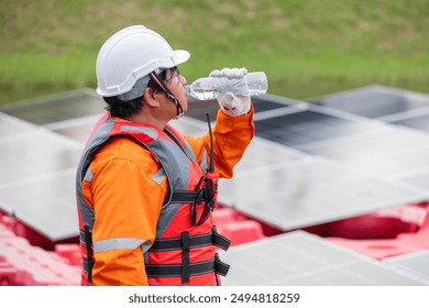 Tired Engineer Worker Man Drinking Water Control Operate Floating Solar Farm Outdoors.
