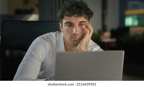 Tired exhausted Caucasian businessman bored fatigued male designer with computer project sad overworked overtime working at creative modern office business man employer work laptop boring deadline - Powered by Shutterstock