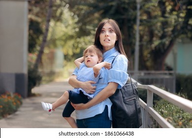 Tired Exhausting Mom Holding Naughty Toddler Child. Mother Feeling Overwhelmed  While Her Daughter Is Disobedient
