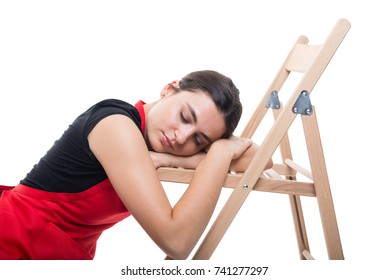 Tired female seller falling asleep or taking a nap on the chair isolated on white background - Powered by Shutterstock