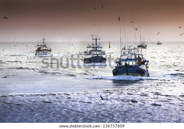 Tired fishing fleet getting back, France near the\
Atlantic ocean