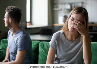 Tired Frustrated Wife Feeling Sad After Couple Fight With Stubborn Husband, Upset Millennial Woman Depressed And Disappointed In Marriage Avoiding Boyfriend Fed Up With Debts And Problems Concept