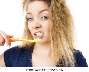 Tired Grumpy And Sleepy Blonde Woman Brushing Teeth Having Crazy Tangled Hair. Oral Hygiene Concept, Isolated Background.