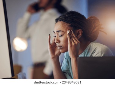 Tired, headache and a business woman in an office at night working late on deadline. African entrepreneur person with hands on head for pain, burnout or depression and mistake or fatigue at work - Powered by Shutterstock