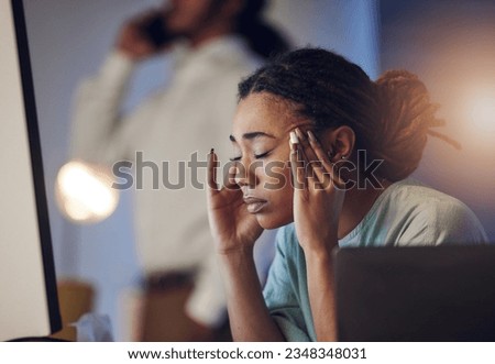 Tired, headache and a business woman in an office at night working late on deadline. African entrepreneur person with hands on head for pain, burnout or depression and mistake or fatigue at work