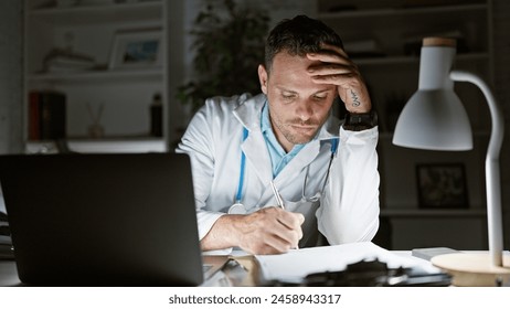 Tired hispanic doctor with beard writing at night in hospital office, reflecting on a long workday. - Powered by Shutterstock