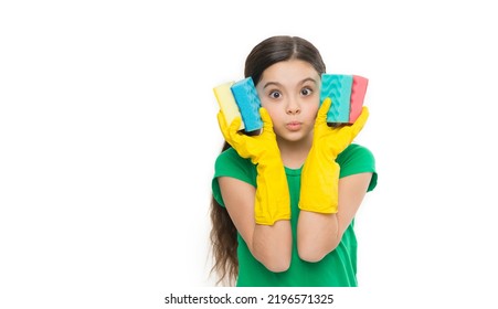 Tired Housewife. Surprised Kid Use Sponge And Clearing Gloves. Kid Cleaning Around. Protect Sensitive Skin. Kid Cleaning At Home. Small Girl Well Done. Dish Wash Sponge. Sponge Helpful For Cleaning