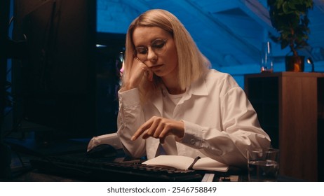 Tired lazy Caucasian businesswoman IT programmer typing keyboard code tech software sleepy exhausted female girl business woman sleep night home insomnia computer overwork yawn online crypto trading - Powered by Shutterstock