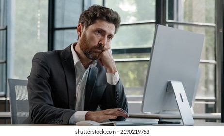 Tired lazy napping yawn adult bearded man male manager worker bored at work project online in computer in office Caucasian mature ill businessman need energy asleep feel overworked exhaustion - Shutterstock ID 2190219763