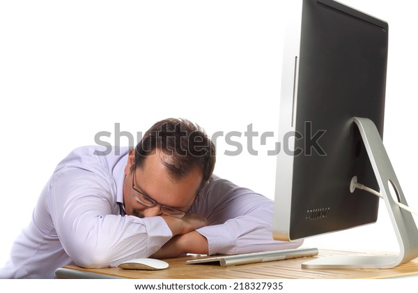 Tired Man Asleep Desk Computer Working Stock Photo Edit Now