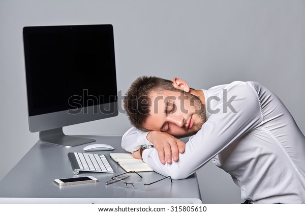 Tired Man Asleep Desk Computer Working Stock Photo Edit Now