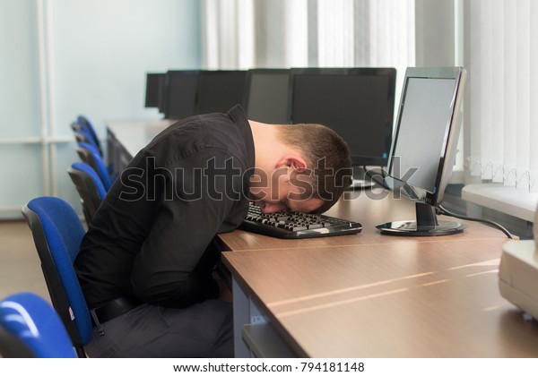 Tired Man Black Shirt Asleep His Stock Photo Edit Now 794181148