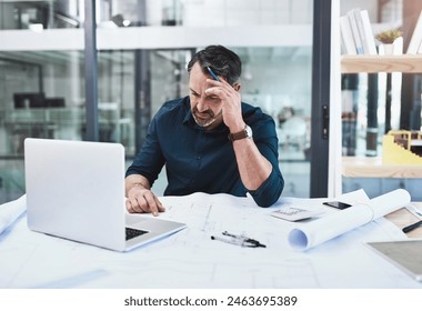 Tired, mature man and architect with headache, laptop and blueprints for stress planning building and design problem. Senior, male engineer and computer with documents for panic or stress at deadline - Powered by Shutterstock