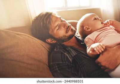 Tired, morning and father with baby on sofa for bonding, care and relax for parenting. Family, home and dad with newborn infant for child development, sleeping and affection in living room together - Powered by Shutterstock