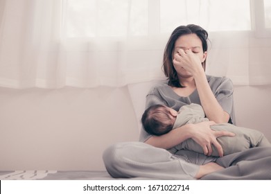 Tired Mother Suffering From Experiencing Postnatal Depression.Health Care Single Mom Motherhood Stressful.