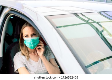 Tired Nurse Driving Home In Her Car From Night Shift Fighting Covid-19 Pandemic. Sad Girl Wearing Mask Looking Away . Coronavirus Pandemic Background With Copy Space. Lockdown.Spring Allergy. New Life