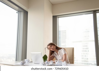 Tired Office Worker Dozing Half Asleep On Hand Sitting At Desk With Laptop And Crumpled Paper, Exhausted Unproductive Businesswoman Needs To Finish Urgent Work, Too Much Paperwork, Copy Space