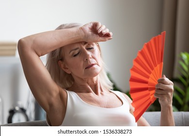 Tired Overheated Middle Aged Lady Wave Fan Suffer From Menopause Exhaustion Complain On Heat At Home, Stressed Old Woman Sweat Feel Uncomfortable Hot In Summer Weather Problem Without Air Conditioner