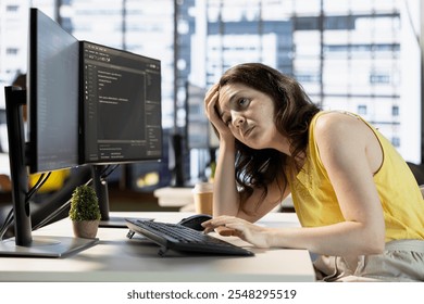 Tired programmer falling asleep while conducting tests to optimize machine learning models for performance and accuracy. Exhausted IT expert struggling to stay awake in office while analyzing data