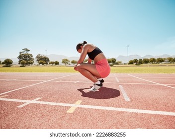 Tired, rest and woman athlete after running, sport and runner workout outdoor. Training fatigue of a fitness, sports run and body health exercise on a field in the summer sun for a track race - Powered by Shutterstock