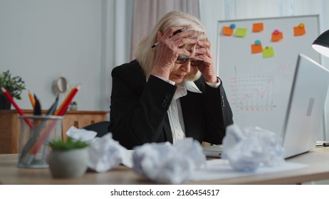 Tired Senior Mature Older Business Woman Use Laptop, Having Nervous Breakdown At Work, Migaine, Headache, Stress Management, Mental Distress Problems, Losing Temper, Reaction On Failure At Home Office