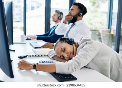 Tired, Sleeping In Call Center And Team Burnout While Giving Customer Service, Consulting Online And Working At Telemarketing Company. Bored, Sleep And Fatigue Employees In Crm At Startup Agency