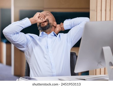 Tired, stretching and black man yawn in office with overworked entrepreneur at a desk. Burnout, employee and computer of a financial analyst ready for sleep or a break from working on a project - Powered by Shutterstock