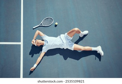 Tired tennis player, sports burnout and game fatigue on court sport training, muscle injury from exercise on ground and sad about mistake. Depressed and Asian athlete upset about competition loss - Powered by Shutterstock