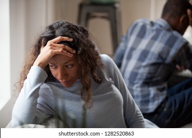 Tired Upset African Wife Feels Empty Sad After Couple Fight With Husband, Frustrated Millennial Mixed Race Woman Disappointed In Love Marriage Avoiding Not Talking To Boyfriend Fed Up With Problems