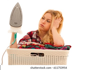 Tired Woman With A Basket Of Laundry Annoyed With Too Much Work