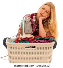 Tired Woman With A Basket Of Laundry Annoyed With Too Much Work