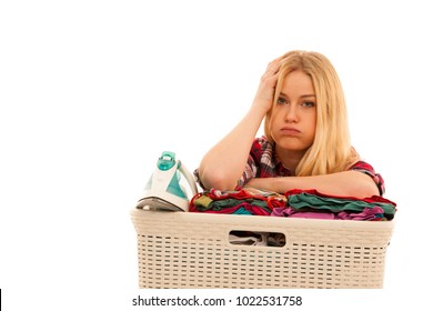 Tired Woman With A Basket Of Loundry Annoyed With Too Much Work