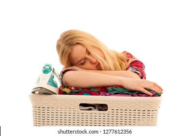 Tired Woman With A Basket Of Loundry Annoyed With Too Much Work