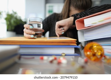 Tired Woman Clerk Drink Pill To Stop Headache Because Of Big Workload