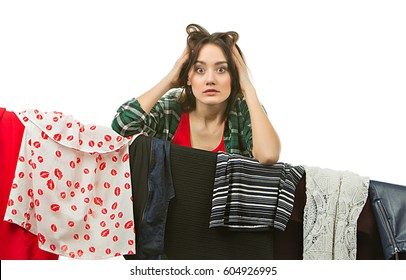 Tired Woman Doing Laundry Against A White Background.