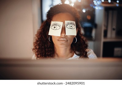 Tired woman, eyes and night with sticky notes for sleeping, emotion or expression at office desk. Face of bored female person with paper to mask depression, anxiety or stress in fatigue at workplace - Powered by Shutterstock