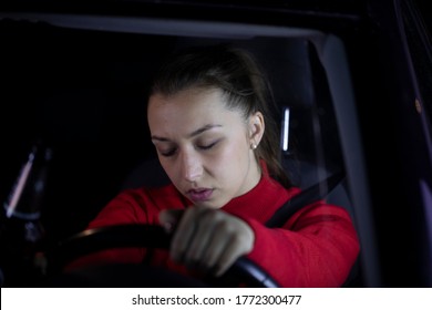 Tired Woman Sitting Inside Car Fell Asleep At Wheel Of Car, Exhausted Female Driver Dozed Off After Long Hard Trip, Car Night Ride, Night Trip, People, Driving Caution, Problems With Transport