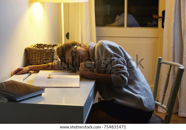 Tired Woman Student Sleeping On Desk Stock Photo Edit Now 754831471