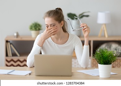 Tired Young Woman Student Feeling Eye Strain Bad Blurry Vision Rubbing Dry Irritated Eyes Taking Off Glasses After Computer Work, Fatigued Teen Girl Suffer From Discomfort Tension Problem Concept