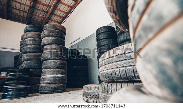 Tires in the auto
repair shop. Tire
service.