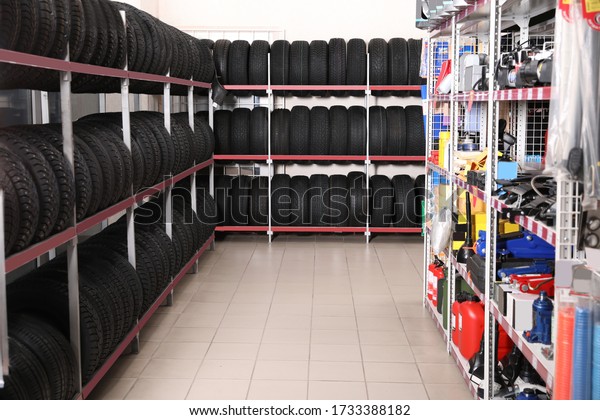 Tires and car care\
products in auto store