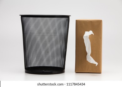 Tissue Box And Metal Trash Bin
