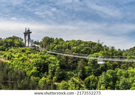 Titan RT rope suspension bridge over the Rappbodetalsperre in the Harz Mountains in Germany. At the time of completion 2017, it held the record as longest suspension bridge of this type in the world.